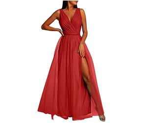 HINTSAN Strandkleid Damen Sale Angebote Sommer Kleid Ärmellose Rüschen Strandkleid Abendkleid Abendkleid Elegant für Hochzeit Elegant A Linie Rüschenkleid Vintage Swing Cocktailkleid Midilang