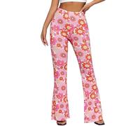 Hippie Hose Damen 70er Jahre Schlaghose Hippie Bunte Blumen High Waist Hose Disco Kostüm Abba Outfit Fasching Karneval Festival Rave Pants Flower Power Kleidung Leggings Rosa S