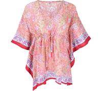 Hippie Poncho, Kaftan, Tunika, oversize Blockdruckkleid, Damen, blau | Baumwolle, weit geschnitten, kurzärmlig, individuell bedruckt, Kordelband zur Taillierung