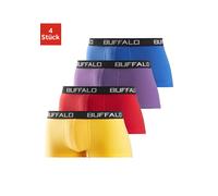 Hipster BUFFALO, Herren, Gr. S, 4 Stk., bunt (gelb, rot, lila, blau), Jersey, Obermaterial: 95% Baumwolle, 5% Elasthan, unifarben, körpernah, Unterhosen, knapp sitzende Boxershorts mit Kontrastbund au