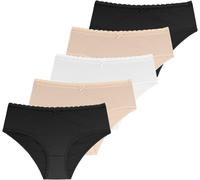Hipster DORINA "Naomi", Damen, Gr. XS, 5 Stk., bunt (schwarz, beige, ivory), Single Jersey, Obermaterial: 95% Baumwolle, 5% Elasthan, unifarben, körpernah, Unterhosen, mit zarter Spitzenverzierung (70
