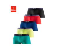 Hipster H.I.S, Herren, Gr. M (5), 5 Stk., bunt (grün, lime, blau, rot, schwarz), Jersey, Obermaterial: 95% Baumwolle, 5% Elasthan, unifarben, körpernah, Unterhosen, knapp sitzende Boxershorts mit Stre