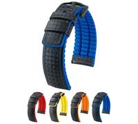 HIRSCH Performance | Ersatzband Uhrenarmband aus Leder/Kautschuk schwarz/blau Carbonoptik 30952B, Stegbreite:20mm