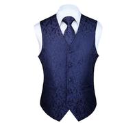 HISDERN Anzugweste für Herren Marineblau Paisley Hochzeit Weste Krawatte Einstecktuch Taschentuch Jacquard Weste Herren Anzug Set Elegant L