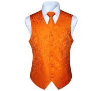 HISDERN Anzugweste für Herren Orange Paisley Hochzeit Weste Krawatte Einstecktuch Taschentuch Jacquard Weste Herren Anzug Set Elegant S