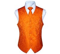 HISDERN Anzugweste für Herren Orange Paisley Hochzeit Weste Krawatte Einstecktuch Taschentuch Jacquard Weste Herren Anzug Set Elegant XL