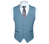 HISDERN Anzugweste Stahl Blau Herren Elegant Hochzeit Weste Anzug Klassische Einfarbig Businessweste Formelle Smoking Anzugwesten mit Taschen 4XL
