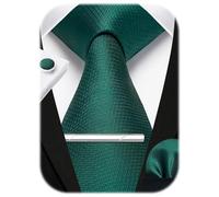 HISDERN Herren Krawatte Dunkelgrün Hochzeit Seidenkrawatte und Einstecktuch Manschettenknöpfe Krawattenklammer Set Formal Business
