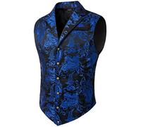 HISDERN Herren Paisley Formelle Weste Blau Bedruckt Gothic Steampunk Vintage Revers Weste für Hochzeit Party Smoking, (Schwarz/Blau, 2XL)
