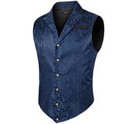 HISDERN Herren Paisley Formelle Weste Navy Blau Bedruckt Gothic Steampunk Vintage Revers Weste für Hochzeit Party Smoking, (Navy Blau, 2XL)