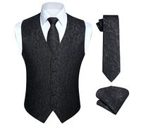 HISDERN Herren Paisley Weste Floral Jacquard Krawatte Einstecktuch Einstecktuch Hochzeitsfeier Business Fit Weste Anzug Set,M,Schwarz-N
