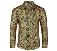 HISDERN Herren Satinhemden Langarm Gold Federdruck Glänzendes Hemd Lässige Mode Luxus Blumenhemden für Party Prom Gold L