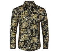 HISDERN Herren Satinhemden Langarm Gold Federdruck Glänzendes Hemd Lässige Mode Luxus Blumenhemden Gold Schwarz 2XL