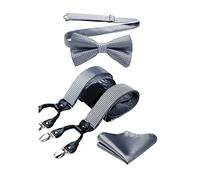 HISDERN Hosenträger Herren Grau Fliege und Hosenträger Set Herren Kariert Hochzeit Klassische Hochzeit Einstellbar Y Form mit 6 Clips Extra Stark Braces