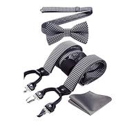 HISDERN Hosenträger Herren Hahnentritt Fliege Hosenträger und Einstecktuch Herren Set 3.5CM Breit Klassische Verstellbar Y Form Elastisch Mit 6 Extra Stark Clips Hochzeit Braces
