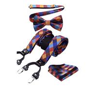 HISDERN Hosenträger Herren Mit 6 Extra Stark Clips Kariert Fliege und Hosenträger Einstecktuch Set Klassische Verstellbar Y Form Elastisch Hochzeit Braces