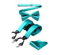 HISDERN Hosenträger Herren Türkis Fliege und Hosenträger Set Herren Klassische Einfarbig Verstellbar Y Form Mit 6 Extra Stark Clips Braces Hochzeit