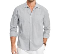 HISDERN Leinenhemd Herren Hemd Langarm Freizeithemd Langarmhemd Sommer Leinenhemdn Shirts Grau M