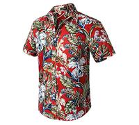 HISDERN Männer Funky Hawaii-Blumenhemden Kurzarm Vordertasche Urlaub Sommer Aloha Printed Beach Casual Rotes Hawaiihemd