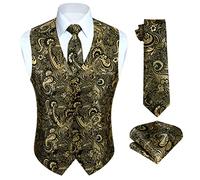 HISDERN Partyweste für Herren Herren Paisley Gold Westen Floral Jacquard Krawatte Einstecktuch Einstecktuch Hochzeit Business Fit Weste Anzug Set M