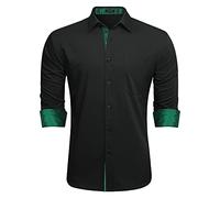 HISDERN Schwarzes Grün Langarmhemd Herren Klassisch Collar Button Down Langarm Freizeithemd Formelle Party Prom Concert Businesshemden mit Taschen S