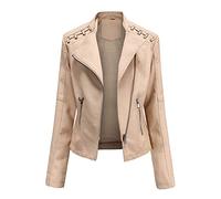 Hiser Kunstlederjacke Damen, Herbst und Winter Kurze Jacke Casual PU Lederjacke Bikerjacke mit Reißverschluss und Tasche (Aprikose,L)