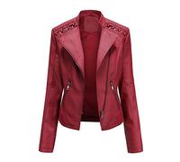 Hiser Kunstlederjacke Damen, Herbst und Winter Kurze Jacke Casual PU Lederjacke Bikerjacke mit Reißverschluss und Tasche (Rot,M)