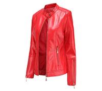 Hiser Kunstlederjacke Damen, Herbst und Winter Kurze Jacke Casual PU Lederjacke Bikerjacke mit Reißverschluss und Tasche (Rot,XXL)