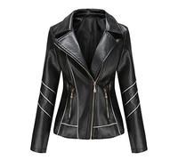 Hiser Kunstlederjacke Damen, Herbst und Winter Kurze Jacke Casual PU Lederjacke Bikerjacke mit Reißverschluss und Tasche (Schwarz,L)
