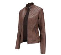 Hiser Kunstlederjacke Damen,Lederjacke Damen Kaffeefarben, Herbst und Winter PU Kurze Casual Lederjacke Damen, Schmal Geschnittene Jacke mit Reißverschlusstaschen und Knöpfen-3XL