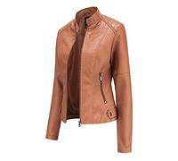 Hiser Kunstlederjacke Damen,Lederjacke Damen Khaki, Herbst und Winter PU Kurze Casual Lederjacke Damen, Schmal Geschnittene Jacke mit Reißverschlusstaschen und Knöpfen-3XL