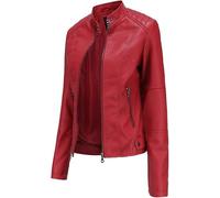 Hiser Kunstlederjacke Damen,Lederjacke Damen Rot, Herbst und Winter PU Kurze Casual Lederjacke Damen, Schmal Geschnittene Jacke mit Reißverschlusstaschen und Knöpfen-M