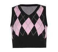 Hiser Pullunder Damen Crop Top Ärmellos V-Ausschnitt Argyle Pattern Retro Kurze Bauchfrei Top Strick WesteTeenager Mädchen Frauen Warm Top Lose Lässige Streetwear (M,Rosa)