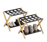 HITNET Gepäckablage 2er set, faltbarer Kofferständer für Gästezimmer, Bambus-Gepäckträger mit Stoffablage und Nylongurten für Hotels und Schlafzimmer, Natur