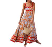 hixswnu Damen Sommerkleider 2024 Halter Lange Ärmellose Square Neck Gedruckt Strand Maxi Sommerkleid Lange Kleider,002,S