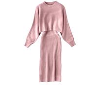Hjinlinw Rippenstrick Kleid Damen, Bodycon 2 Teiliges Sweater Minikleid, Zweiteiliger Anzug Pullover, Winterkleid Elegant Hohe Elastizität, Strickkleid Damen Herbst Lang