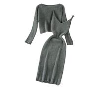 Hjinlinw Rippenstrick Kleid Damen, Bodycon 2 Teiliges Sweater Minikleid, Zweiteiliger Anzug Pullover, Winterkleid Elegant Hohe Elastizität, Strickkleid Damen Herbst Lang