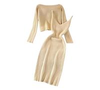 Hjinlinw Rippenstrick Kleid Damen - Bodycon 2 Teiliges Sweater Strickkleid Mini, Zweiteiliger Anzug Pullover, Winterkleid Elegant Hohe Elastizität, Damen Herbst Lang