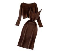 hjinlinw Rippenstrick Kleid Damen,Bodycon 2 Teiliges Sweater Strickkleid Minikleid,Strickkleid Zweiteiliger Anzug Pullover,Winterkleid Elegant Hohe Elastizität,Strickkleid Damen Herbst Lang