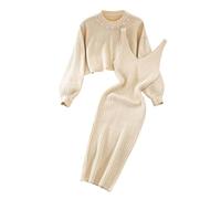 hjinlinw Rippenstrick Kleid Damen,Bodycon 2 Teiliges Sweater Strickkleid Minikleid,Strickkleid Zweiteiliger Anzug Pullover,Winterkleid Elegant Hohe Elastizität,Strickkleid Damen Herbst Lang