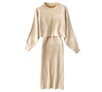hjinlinw Rippenstrick Kleid Damen,Bodycon 2 Teiliges Sweater Strickkleid Minikleid,Strickkleid Zweiteiliger Anzug Pullover,Winterkleid Elegant Hohe Elastizität,Strickkleid Damen Herbst Lang