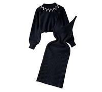 hjinlinw Rippenstrick Kleid Damen,Bodycon 2 Teiliges Sweater Strickkleid Minikleid,Strickkleid Zweiteiliger Anzug Pullover,Winterkleid Elegant Hohe Elastizität,Strickkleid Damen Herbst Lang
