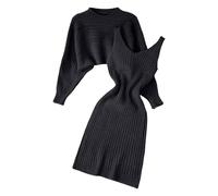 Hjinlinw Rippenstrick Kleid Damen - Bodycon 2 Teiliges Sweater Strickkleid Minikleid, Zweiteiliger Anzug Pullover, Winterkleid Elegant Hohe Elastizität, Herbst Lang