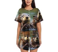 HJLUUFT Otters Sommer-Pyjama für Damen, weich und bequem, Damen-Pyjama-Set, postpartale Kleidung und Loungewear für Damen, Schwarz , XL