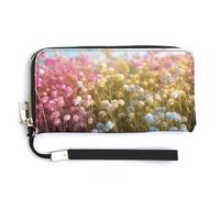 HJUQNGF Damen-Geldbörse mit Handgelenk, lange Geldbörse, Reißverschluss, Clutch, großes Fassungsvermögen, Leder, Kredit- und Münzgeldbörse, Grau und Weiß, Kleine Blumen auf dem Gras, 20.0*10.5cm