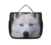 HJUQNGF Kulturbeutel für Damen, Reise-Kosmetiktasche, blaue Augen, weißer Husky, große Make-up-Tasche, zum Aufhängen, Kosmetik-Organizer für Toilettenartikel, Zubehör, 3-in-1-Behälter, weiß, 22,5 x