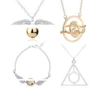 HJYZY 4 Stück Drehender Zeitumkehrer Anhänger Halskette Golden Snitch Halskette Armbänder Die Heiligtümer des Todes Halskette für Fans Geschenke Sammlung