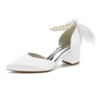 HKMFLYY Damen Spitze Zehe Perle Hochzeitsschuhe für Braut Low Heels Satin Heels mit Schleife Brautschuhe Chunky Block Heels Bequeme Tanzschuhe Pumps, Weiss/opulenter Garten, 40 EU