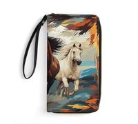 HKMNTGD Damen-Geldbörse, Leder, bedruckt, Golden Retriever und Blumen, Reißverschluss, Kreditkartenhalter, Handy-Clutch, Ein Muster mit Pferden als Hintergrund, 19.7x10.5cm