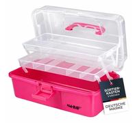 HMF Nähkasten aufklappbar mit 3 Ebenen, Sortierbox für Kleinteile, 36,5 x 20,5 x 16 cm, Pink - Kunststoff STK901-03